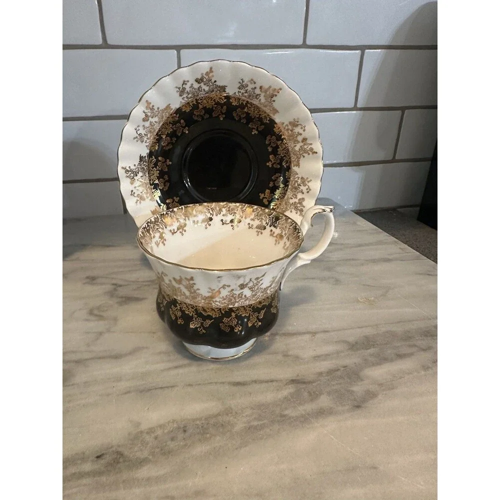 ROYAL ALBERT “Regal Series” Black White & Gold Bone China Footed Cup And Saucer
